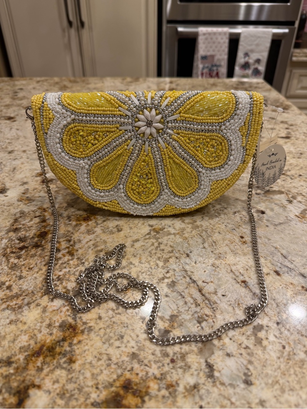 Elegant Beaded Floral/Lemon Slice Evening Clutch w/ Crossbody Chain - Picture 2 of 9
